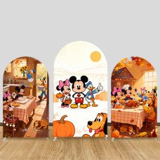 JY1359 Thanksgiving Kitchen Mickey & Friends Arch Backdrop Cover, Elastic Fabric Background for Holiday & Cozy Themed Party