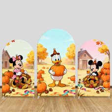 JY1360 Autumn Harvest Mickey & Friends Arch Backdrop Cover, Elastic Fabric Background for Thanksgiving & Fall Themed Party