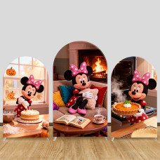 JY1361 Cozy Fall Minnie Mouse Arch Backdrop Cover, Elastic Fabric Background for Thanksgiving & Warm Themed Party
