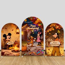 JY1363 Thanksgiving Bonfire Mickey & Friends Arch Backdrop Cover, Elastic Fabric Background for Holiday & Festive Themed Party