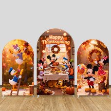 JY1366 Thanksgiving Family Feast Mickey & Friends Arch Backdrop Cover, Elastic Fabric Background for Holiday & Festive Themed Party