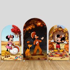 JY1368 Autumn Celebration Mickey & Friends Arch Backdrop Cover, Elastic Fabric Background for Thanksgiving & Rustic Themed Party