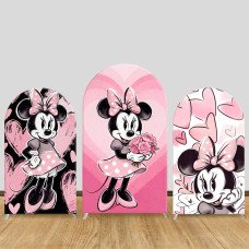 JY1374 Pink Hearts Minnie Mouse Arch Backdrop Cover, Elastic Fabric Background for Kids & Sweet Themed Party