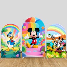 JY1380 Rainbow Land Mickey & Friends Arch Backdrop Cover, Elastic Fabric Background for Kids & Colorful Themed Party