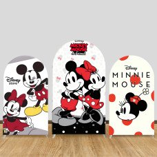 JY1388 Classic Black & White Mickey & Minnie Arch Backdrop Cover, Elastic Fabric Background for Kids & Timeless Themed Party
