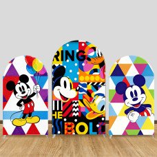 JY1394 Geometric Colorful Mickey & Friends Arch Backdrop Cover, Elastic Fabric Background for Kids & Modern Themed Party