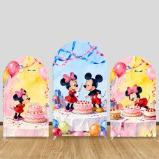 JY1396 Watercolor Birthday Mickey & Minnie Arch Backdrop Cover, Elastic Fabric Background for Kids & Celebration Themed Party