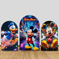 JY1403 Neon Street Mickey & Donald Duck Arch Backdrop Cover, Elastic Fabric Background for Kids Modern Party