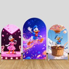 JY1416 Stage & Hot Air Balloon Donald & Daisy Duck Arch Backdrop Cover, Elastic Fabric Background for Kids Party