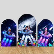 JY1424 Space Adventure Mickey & Friends Arch Backdrop Cover, Elastic Fabric Background for Kids Sci-Fi Party