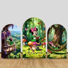 JY1426 Forest Reading Minnie Mouse Arch Backdrop Cover, Elastic Fabric Background for Kids Nature Party