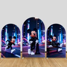 JY1435 Neon City Mickey Mouse Arch Backdrop Cover, Elastic Fabric Background for Kids Modern Party