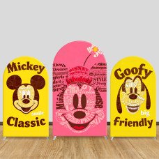 JY1436 Word Collage Mickey & Minnie Mouse Arch Backdrop Cover, Elastic Fabric Background for Kids Retro Party