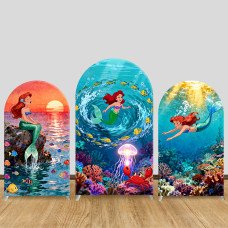 JY1444 Watercolor Ocean Little Mermaid Ariel Arch Backdrop Cover, Elastic Fabric Background for Kids Artistic Party