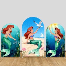 JY1446 Beach & Seagull Little Mermaid Ariel Arch Backdrop Cover, Elastic Fabric Background for Girls Birthday Party