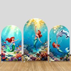 JY1447 Coral & Dolphin Little Mermaid Ariel Arch Backdrop Cover, Elastic Fabric Background for Kids Magical Party