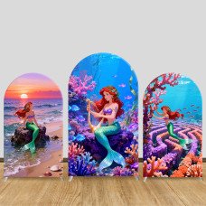 JY1453 Coral & Harp Little Mermaid Ariel Arch Backdrop Cover, Elastic Fabric Background for Kids Artistic Party