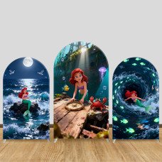 JY1456 Sunken Ship Adventure Little Mermaid Ariel Arch Backdrop Cover, Elastic Fabric Background for Kids Themed Party