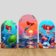 JY1462 Ocean Sunset Little Mermaid Ariel Arch Backdrop Cover, Elastic Fabric Background for Kids Summer Party