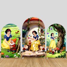 JY1476 Mushroom Cottage Snow White Arch Backdrop Cover, Elastic Fabric Background for Kids Whimsical Party