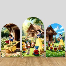 JY1491 Forest Cottage Snow White Arch Backdrop Cover, Elastic Fabric Background for Kids Magical Party