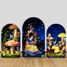 JY1493 Mushroom Forest Snow White Arch Backdrop Cover, Elastic Fabric Background for Kids Whimsical Party