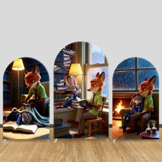 JY1511  Zootopia Judy & Nick Cozy Library Arch Backdrop Cover, Elastic Fabric Background for Kids Party
