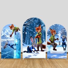 JY1512  Zootopia Judy & Nick Winter Ice Land Arch Backdrop Cover, Elastic Fabric Background for Snow Party