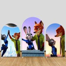 JY1515  Zootopia Judy & Nick City Rooftop Sunset Arch Backdrop Cover, Elastic Fabric Background for Birthday Party