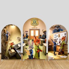 JY1520  Zootopia Judy & Nick Police Station Arch Backdrop Cover, Elastic Fabric Background for Themed Party