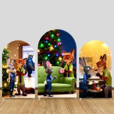 JY1525  Zootopia Judy & Nick Winter Christmas Arch Backdrop Cover, Elastic Fabric Background for Festive Party