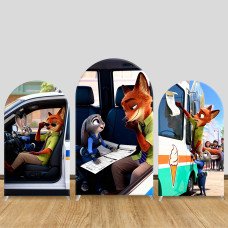 JY1530  Zootopia Judy & Nick City Adventure Arch Backdrop Cover, Elastic Fabric Background for Action Party