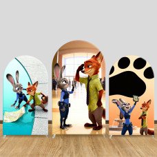 JY1531  Zootopia Judy & Nick City Detective Arch Backdrop Cover, Elastic Fabric Background for Kids Party