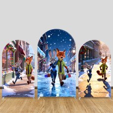 JY1532  Zootopia Judy & Nick Winter Shopping Spree Arch Backdrop Cover, Elastic Fabric Background for Holiday Party