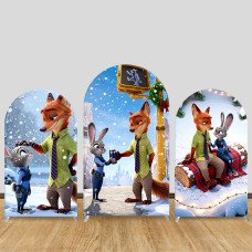 JY1538 Zootopia Judy & Nick Winter Warm Fun Arch Backdrop Cover, Elastic Fabric Background for Holiday Party