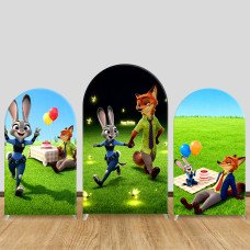 JY1541 Zootopia Judy & Nick Meadow Picnic Party Arch Backdrop Cover, Elastic Fabric Background for Kids Birthday