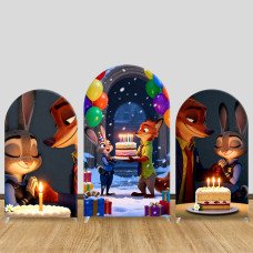 JY1546 Zootopia Judy & Nick Snowy Birthday Party Arch Backdrop Cover, Elastic Fabric Background for Kids Party