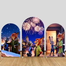 JY1547 Zootopia Judy & Nick New Year Fireworks Arch Backdrop Cover, Elastic Fabric Background for Holiday Party