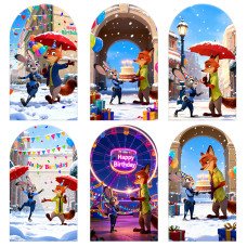 JY1549 Zootopia Judy & Nick Ferris Wheel Amusement Park Arch Backdrop Cover, Elastic Fabric Background for Fun Party