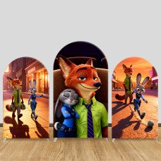 JY1551 Zootopia Judy & Nick Sunset City Adventure Arch Backdrop Cover, Elastic Fabric Background for Romantic Party