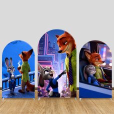 JY1560 Zootopia Judy & Nick City Adventure Arch Backdrop Cover, Elastic Fabric Background for Kids Party