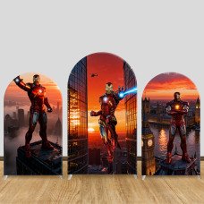 JY1567 Iron Man Sunset City Hero Arch Backdrop Cover, Elastic Fabric Background for Themed Party