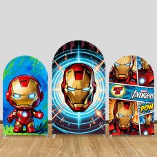 JY1574 Iron Man Cute Chibi Comic Style Arch Backdrop Cover, Elastic Fabric Background for Kids Birthday Party