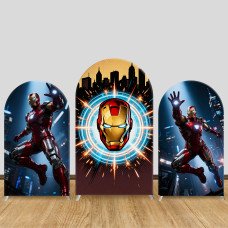 JY1579 Iron Man City Pop Comic Style Arch Backdrop Cover, Elastic Fabric Background for Trendy Boys Party
