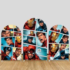 JY1585 Marvel Heroes Comic Panel Style Arch Backdrop Cover, Elastic Fabric Background for Kids Superhero Party