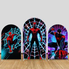 JY1601  Spider-Man Neon Web City Arch Backdrop Cover, Elastic Fabric Background for Superhero Party