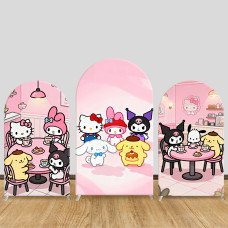 JY1632  Sanrio Characters Tea Party Style Arch Backdrop Cover, Elastic Fabric Background for Themed Birthday Party