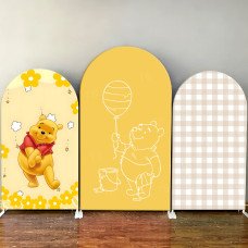 JY201 Yellow Plaid Winnie the Pooh Arch Backdrop Cover, Cute Elastic Fabric Backdrop for Kids Birthday Baby Shower Party Decor
