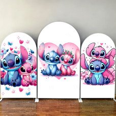 JY202 Lilo Stitch Angel Love Heart Floral Arch Backdrop Cover Elastic Fabric Cartoon Kids Birthday Party Decoration