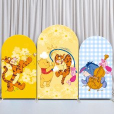 JY204 Yellow Floral Plaid Winnie the Pooh Arch Backdrop Cover, Cute Elastic Fabric Backdrop for Kids Birthday Baby Shower Decor